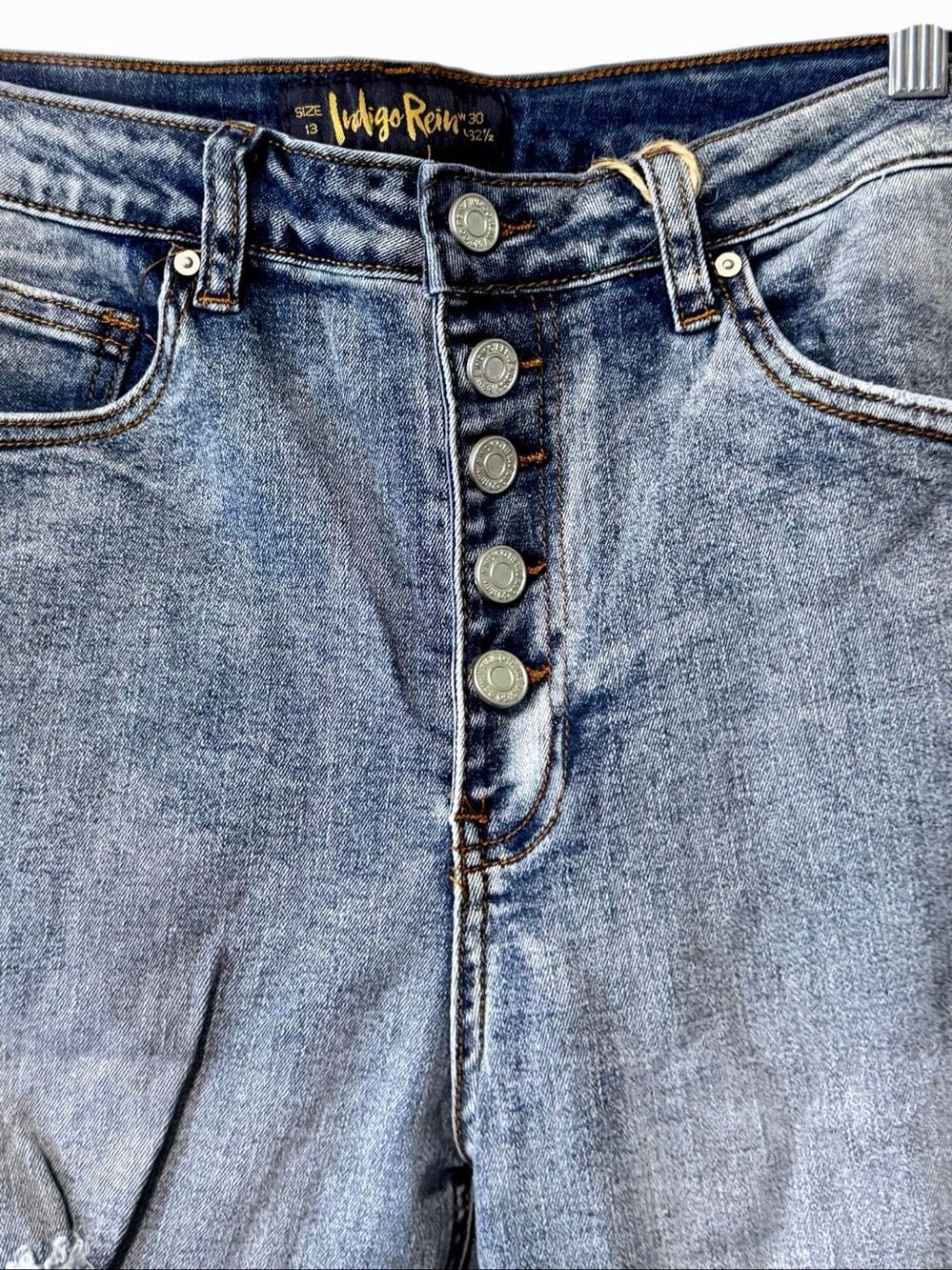Indigo Reign High Rise Button Fly Distressed Flare Jeans Med Wash Stretch Denim - Picture 13 of 14